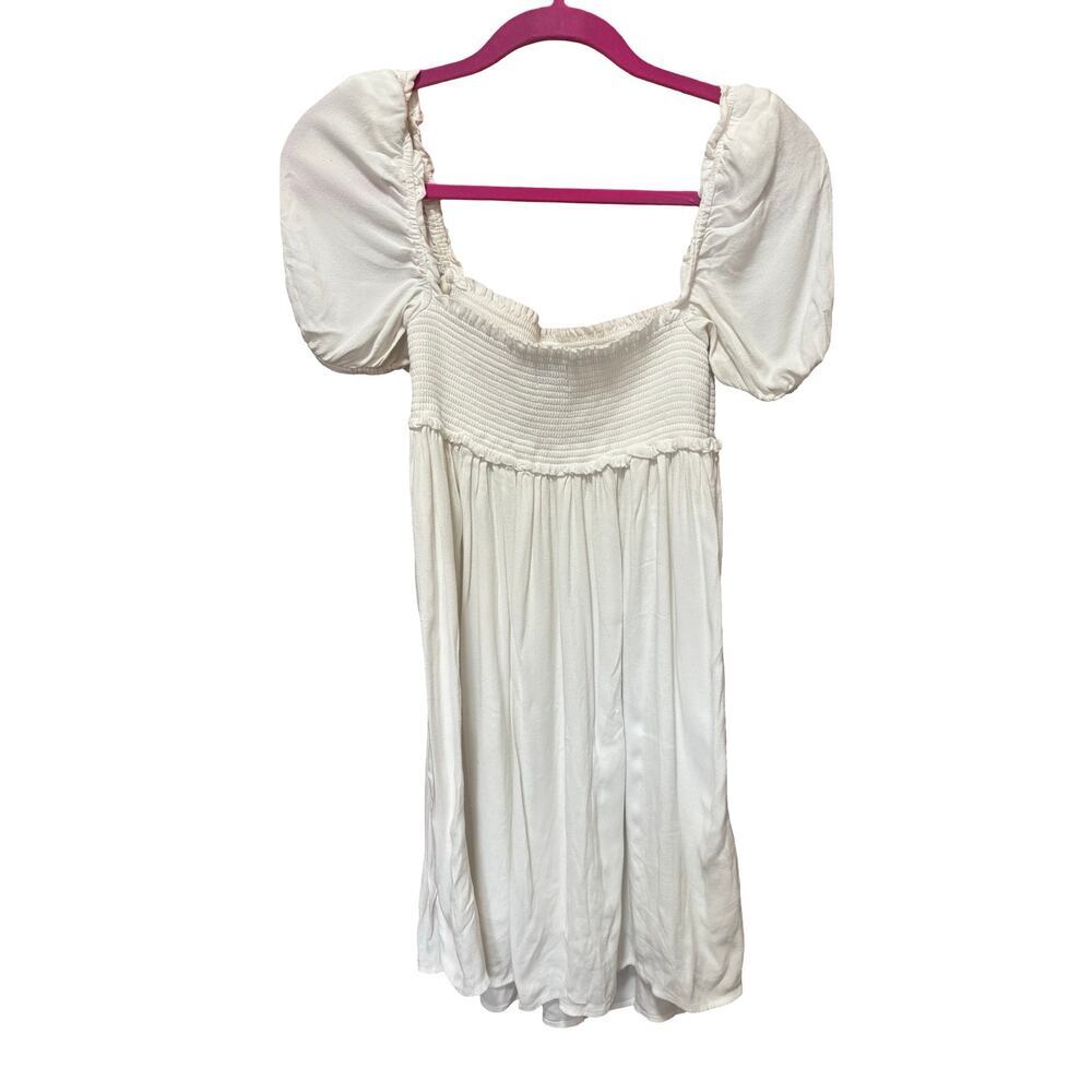 Aritzia Sun-Deh Smocked Puff Sleeve Mini Dress Cream Cottagecore S